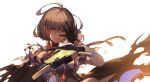  1girl ahoge black_gloves cape closed_mouth eyebrows_visible_through_hair girls_frontline gloves gun hair_between_eyes hand_on_own_face holding holding_gun holding_weapon looking_at_viewer orangesekaii shiny shiny_hair short_hair short_sleeves silver_hair simple_background solo submachine_gun torn_cape torn_clothes tsurime upper_body vector_(girls_frontline) weapon white_background yellow_eyes 