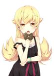  blonde_hair blush bracelet doughnut eating food golden_chocolate jewelry kouji_(campus_life) long_hair looking_at_viewer monogatari_(series) open_mouth oshino_shinobu simple_background solo strap_slip white_background yellow_eyes 