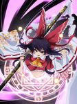  ascot bow detached_sleeves double_dealing_character dress floral_print gohei hair_bow hair_tubes hakurei_reimu highres long_sleeves magic_circle open_mouth polearm purple_hair red_dress rihito_(usazukin) solo spell_card touhou weapon wide_sleeves yellow_eyes 
