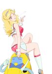  ass blonde_hair blown_kiss boobies_uniform breasts butt_crack front-tie_top gobanme_no_mayoi_neko highres honey_(space_dandy) large_breasts long_hair looking_at_viewer looking_back midriff nail_polish on_head one_eye_closed qt_(space_dandy) robot short_shorts shorts sitting sitting_on_person skindentation socks space_dandy wrist_cuffs 