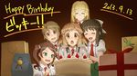  :d ^_^ andou_kuriyo bag birthday birthday_cake birthday_party blush box cake candle chestnut_mouth closed_eyes cream dark_background dated food fork friends fruit gift gift_bag gift_box happy_birthday highres itaba_yumi kohinata_miku lydian_academy_uniform multiple_girls necktie open_mouth paper_bag red_neckwear saliva school_uniform senki_zesshou_symphogear shirt shopping_bag smile strawberry tachibana_hibiki_(symphogear) terashima_shiori translated unyon whipped_cream white_shirt 