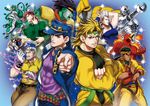  &gt;:) armor armpits asymmetrical_clothes asymmetrical_hair bare_arms bare_shoulders beard belt belt_buckle black_hair blonde_hair blue_hair blue_hat blue_jacket bodysuit brown_pants buckle buttons chain closed_mouth collarbone collared_shirt cowboy_shot crossed_arms crystal dark_skin dark_skinned_male dio_brando earrings eye_contact eyeball facial_hair facial_scar fire flame floating floating_object foreshortening full_armor glint gloves green_bodysuit green_eyes green_hair grin hairlocs hat headband heart hermit_purple hierophant_green holding holding_sword holding_weapon iggy_(jojo) index_finger_raised isamu jacket jean_pierre_polnareff jewelry jojo_no_kimyou_na_bouken joseph_joestar kakyouin_noriaki kuujou_joutarou long_sleeves looking_at_another looking_at_viewer magician's_red male_focus mohammed_avdol multiple_boys necklace old_man open_clothes open_jacket orange_eyes outstretched_arm pants pink_shirt pointing pointing_at_viewer red_hair scar shirt short_sleeves silver_chariot silver_hair single_strap smile stand_(jojo) standing star_platinum stardust_crusaders stud_earrings sword the_fool the_world thick_eyebrows thorns unsheathed upper_body v-shaped_eyebrows weapon white_gloves wing_collar wristband yellow_jacket yellow_shirt 