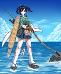 archery arrow bandages black_hair blue_eyes blue_sky blush bow_(weapon) breasts bruise cloud day gloves injury japanese_clothes kantai_collection kuon_yashiro kyuudou large_breasts ocean partly_fingerless_gloves quiver ribbon rock short_hair single_glove skirt sky solo souryuu_(kantai_collection) twintails water weapon wide_sleeves yugake 