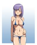  1girl bangs bikini blunt_bangs breasts cleavage covered_nipples erect_nipples grin gundam gundam_zz hime_cut long_hair purple_hair red_eyes roux_louka smile solo sugurusato sunrise_(company) swimsuit tak-u_(sugurusato) 