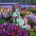  anthrofied blue_eyes bottomless bra changeling cleavage clothed clothing crown dreadlocks equine female flower friendship_is_magic green_body hair half-dressed horn horse kneeling lake looking_at_viewer lovingwolf my_little_pony navel nude original_character outside pony purple_hair underwear unicorn water 