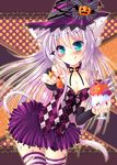  animal_ears aqua_eyes breasts cat_ears cat_tail cleavage food halloween hat ice_cream large_breasts long_hair meiya_neon original purple_hair solo tail thighhighs witch_hat 