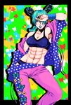  abs black_hair blue_eyes blue_hair blue_lipstick breasts double_bun highres jojo_no_kimyou_na_bouken kuujou_jolyne large_breasts lipstick makeup midriff multicolored_hair navel_piercing piercing saitou_nekoichi solo stone_ocean two-tone_hair 