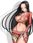  amazon black_hair blue_eyes boa_hancock breasts breasts_apart center_opening cleavage earrings groin jagi_(nexboy) jewelry long_hair long_sleeves nail_polish navel one_piece shadow side_slit simple_background smile snake_earrings solo very_long_hair white_background 
