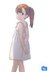  1girl bare_arms bare_shoulders blue_ribbon brown_hair closed_mouth cropped_legs dress from_behind hair_ribbon highres looking_at_viewer looking_back nazoani_museum original ponytail ribbon sleeveless sleeveless_dress smile solo standing transparent_background white_dress 