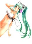  aqua_hair bad_id bad_pixiv_id bottomless breasts cleavage green_hair headphones highres kore_(korewa13th) large_breasts long_hair looking_at_viewer navel original ponytail pussy simple_background solo very_long_hair white_background yellow_eyes 