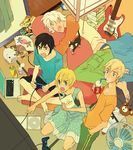  3boys black_hair blonde_hair blue_eyes book cat computer controller drinking electric_fan electric_guitar eury_evans fan game_controller glasses guitar instrument joystick kiki_(meteor_methuselah) laptop machika_balfaltin meteor_methuselah multiple_boys open_mouth ozaki_kaori playing_games pointing rain_jewlitt red_eyes short_hair stuffed_animal stuffed_toy teddy_bear whammy_bar white_hair yuca_collabel 