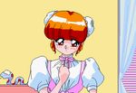  1girl 90s aliasing animahjong animahjong_v3 animated animated_gif blush bra breasts indoors long_hair looking_at_viewer lowres nakajima_atsuko oldschool orange_hair panties red_eyes rumi_(animahjong) solo underwear undressing viper 