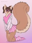  ambiguous_gender anthro bulge clothed clothing color crossdressing fur girly hair kneeling long_hair male mammal ophy pink_eyes rodent shiuk skirt socks solo squirrel 