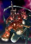  gun gundam mecha mobile_suit_gundam rocket_launcher space space_colony weapon zaku zaku_ii zaku_ii_s_char_custom 