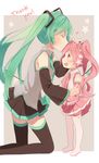  bad_id bad_pixiv_id boots closed_eyes detached_sleeves forehead_kiss green_hair hatsune_miku highres hitsukuya kiss kneeling long_hair multiple_girls necktie open_mouth pink_eyes pink_hair profile sakura_miku skirt thigh_boots thighhighs twintails vocaloid younger 