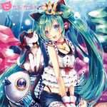  :3 bad_id bad_pixiv_id bell bell_collar belt blue_eyes bubble cat cat_tail collar crown fish gloves green_hair hatsune_miku headphones jingle_bell long_hair open_mouth sazanami_shione seaweed solo tail twintails very_long_hair vocaloid 