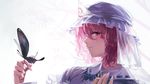  backlighting bad_id bad_pixiv_id blue_dress blush bug butterfly butterfly_on_hand dress face geppewi hands hat insect light_smile looking_at_viewer pink_eyes pink_hair profile revision saigyouji_yuyuko short_hair smile solo touhou triangular_headpiece upper_body veil 