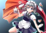  apron blue_eyes blush braid cup dish izayoi_sakuya maid maid_headdress nekosugi_(hoshi) ribbon short_hair short_sleeves silver_hair skirt solo tablecloth teacup teapot touhou twin_braids vest 