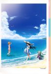  :d absurdres barefoot beach bird black_hair cloud day dress from_side green_eyes green_hair hair_ornament half_updo hat highres hood hoodie huge_filesize japanese_clothes kobuichi kousaka_chihaya leg_up lifted_by_self long_hair miyoshi_yuiko multiple_girls muririn natsuzora_kanata one_side_up open_mouth orange_hair outdoors scan shichijou_sasara sitting skirt_hold sky sleeveless sleeveless_hoodie smile standing straw_hat sundress very_long_hair wading water x_hair_ornament 