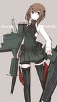  anchor bad_id bad_pixiv_id blush bow_(weapon) brown_eyes brown_hair crossbow headband highres kantai_collection looking_at_viewer mikoto_(oi_plus) short_hair simple_background skirt solo standing taihou_(kantai_collection) weapon 