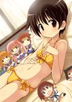  bangs bed bikini black_hair blush bow bow_bikini breasts character_doll covered_nipples curtains doll dutch_angle eitarou_(kaminari_neko) fang frills from_side groin hand_on_own_chest hand_on_own_stomach haramura_nodoka highres ikeda_kana indoors kataoka_yuuki kiyosumi_school_uniform light_smile looking_at_viewer lying miyanaga_saki miyanaga_teru navel o_o on_back orange_bikini panties pillow red_eyes saki school_uniform serafuku short_hair small_breasts smile solo someya_mako swimsuit takei_hisa underwear window 