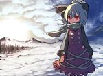  adapted_costume blonde_hair bow brown_dress cloud cloudy_sky dress forest hair_bow hakika kurodani_yamame long_sleeves mittens mountain nature red_eyes scarf scarf_over_mouth shirt sky slit_pupils snow solo touhou winter 