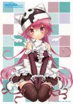  absurdres black_legwear checkered checkered_background copyright_request cuteg detached_sleeves dress hat highres mini_wings pink_eyes pink_hair sitting thighhighs wariza white_wings wings zettai_ryouiki 