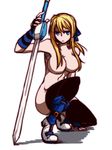  black_legwear blonde_hair blue_eyes boots breasts cleavage fingerless_gloves genderswap genderswap_(mtf) gloves guilty_gear hair_censor hair_ribbon highres ky_kiske kyko large_breasts long_hair navel nude ponytail ribbon ryuuri_(aoithigo) solo squatting sword thighhighs weapon 