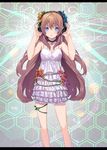  bad_id bad_pixiv_id bare_shoulders beamed_eighth_notes blouse blue_eyes blush brown_hair choker collarbone dress eighth_note erubo flower frilled_dress frills headphones hexagon honeycomb_(pattern) honeycomb_background long_hair looking_at_viewer musical_note original quarter_note solo spaghetti_strap staff_(music) very_long_hair 