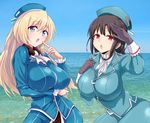  atago_(kantai_collection) bad_id bad_pixiv_id black_gloves black_hair blonde_hair breasts gloves green_eyes hat kantai_collection large_breasts long_hair looking_at_viewer military military_uniform multiple_girls open_mouth red_eyes short_hair shuuhei_(shoohey) takao_(kantai_collection) uniform 