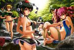  aqua_eyes ass barefoot bikini black_hair blonde_hair blue_eyes cleavage green_eyes group hat kazami_yuuka long_hair maco_(macoillust) medicine_melancholy navel onozuka_komachi pink_hair red_eyes shameimaru_aya shikieiki_yamaxanadu short_hair sideboob skirt swimsuit torii touhou twintails water waterfall watermark 