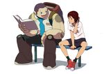  1girl android arm_rest backpack bad_id bad_pixiv_id bag bench between_legs blue_eyes blush book brown_eyes brown_hair graphite_(medium) grin hand_behind_head hand_between_legs holding holding_book knees knees_apart_feet_together ladic looking_at_another mixed_media necktie no_laces open_book open_mouth original pink_shirt robot_joints scan scan_artifacts shirt shoes short_hair simple_background sitting size_difference skirt smile sneakers socks sweatdrop traditional_media very_short_hair white_background wristband 