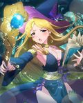  aqua_eyes armpits book breasts brown_hair cleavage detached_sleeves hat idolmaster idolmaster_million_live! jewelry large_breasts long_hair looking_at_viewer necklace official_art shinomiya_karen sparkle staff witch witch_hat 