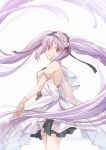  1girl absurdly_long_hair armlet back_bow backless_dress backless_outfit black_ribbon bow bracelet cowboy_shot dress euryale eyebrows_visible_through_hair fate/hollow_ataraxia fate_(series) floating_hair flower hair_flower hair_ornament hair_ribbon hairband jewelry lolita_hairband long_hair mishiro_(andante) purple_eyes purple_hair ribbon simple_background sleeveless sleeveless_dress solo standing thighlet twintails very_long_hair white_background white_dress white_flower 