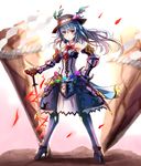  adapted_costume armor armored_dress blue_hair chestnut_mouth food fruit gauntlets hand_on_hip hat hinanawi_tenshi long_hair looking_at_viewer metal_boots open_mouth peach pink_eyes rope shimenawa solo sumapan sword_of_hisou touhou wind 