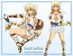  bad_id bad_pixiv_id basuchian blonde_hair blue_eyes braid breasts breasts_apart character_name highres large_breasts no_bra open_mouth panties sandals shield sideboob single_braid smile sophitia_alexandra soulcalibur soulcalibur_iv sword underwear weapon white_panties 