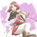  1girl belt black_jacket blue_eyes boots brown_footwear dual_wielding hair_ornament holding holding_knife jacket knife long_sleeves mishiro_(andante) open_clothes open_jacket open_mouth pants red_hair rose_(tales) short_hair solo tales_of_(series) tales_of_zestiria white_pants 