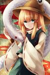  blonde_hair blue_eyes bracelet giant_snake hair_ribbon hat highres jewelry long_sleeves looking_at_viewer maho_moco mishaguji moriya_suwako revision ribbon shirt skirt skirt_set smile solo touhou vest wide_sleeves 