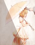  1boy 1girl black_hairband blonde_hair dress edna_(tales) from_side hairband holding holding_umbrella mishiro_(andante) off_shoulder orange_ribbon ribbon short_dress short_hair sleeveless sleeveless_dress standing tales_of_(series) tales_of_zestiria umbrella white_dress 