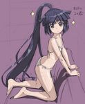  akatsuki_(log_horizon) ass barefoot bikini black_hair feet flat_chest kneeling log_horizon long_hair ponytail purple_eyes rohitsuka side-tie_bikini sketch solo sparkle swimsuit very_long_hair 