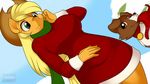  anthro anthrofied applejack_(mlp) blonde_hair breasts brown_eyes canine clothing collar cowboy_hat dog equine erect_nipples female freckles friendship_is_magic green_eyes hair hat horse kloudmutt mammal my_little_pony nipples outside panties pony scarf sky snow sparkle standing sweater underwear winona_(mlp) 