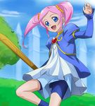  :d bike_shorts blue_eyes choker dokidoki!_precure eyelashes hair_bobbles hair_ornament haruyama_kazunori heart long_hair marie_ange open_mouth pink_hair precure shorts shorts_under_skirt smile solo sword twintails weapon younger 