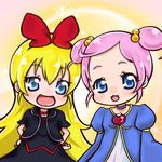  blonde_hair blue_eyes bow brooch dokidoki!_precure dress hair_bobbles hair_bow hair_ornament hands_on_hips jewelry long_hair marie_ange multiple_girls nekoko_(nekonekonya) pink_hair precure regina_(dokidoki!_precure) short_hair short_twintails smile twintails yellow_background younger 