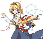  alice_margatroid apron blonde_hair blue_dress blue_eyes bow dress flying hair_bow hairband highres long_sleeves lysander_z open_mouth revision scarf shanghai_doll simple_background smile touhou waist_apron white_background 