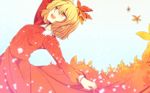  aki_shizuha blonde_hair hair_ornament kiguchiko leaf leaf_hair_ornament leaf_on_head long_skirt long_sleeves looking_up open_mouth outstretched_arms short_hair skirt skirt_set smile solo touhou vest wallpaper 