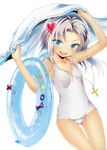  :d absurdres arms_up blue_eyes blue_innertube blush boku_wa_tomodachi_ga_sukunai breasts buriki cross fang hair_ornament heart heart_hair_ornament highres innertube jewelry long_hair necklace official_art one-piece_swimsuit open_mouth scan school_swimsuit silver_hair simple_background small_breasts smile solo swimsuit takayama_maria towel white_background white_school_swimsuit white_swimsuit 