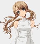  bare_shoulders breasts brown_hair dress elbow_gloves gloves grey_background grey_eyes head_tilt long_hair looking_at_viewer medium_breasts misteor original simple_background smile solo twintails very_long_hair white_dress 