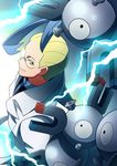  1boy ahoge akuroma_(pokemon) blonde_hair blue_hair electricity glasses lab_coat labcoat magnemite magnet magneton male male_focus multicolored_hair nintendo pokemon pokemon_(game) pokemon_bw2 two-tone_hair 