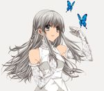  bad_id bad_pixiv_id bare_shoulders braid bug butterfly elbow_gloves gloves grey_background grey_eyes insect long_hair misteor original silver_hair simple_background smile solo very_long_hair white_gloves 