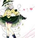  blush eyeball frilled_skirt frills green_eyes hat hat_ribbon heart heart_of_string highres kiguchiko komeiji_koishi long_sleeves open_mouth panties petals ribbon shirt short_hair silver_hair simple_background sketch skirt skirt_lift smile solo third_eye touhou underwear upskirt white_background 